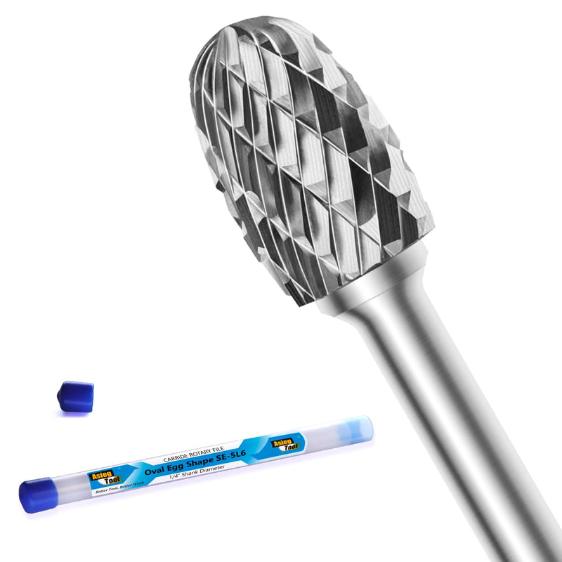 SE-5L6 Tungsten Carbide Burr Lengthened Rotary File Oval Egg Shape Double Cut with 1/4''Shank for Die Grinder Drill Bit SE-5L6