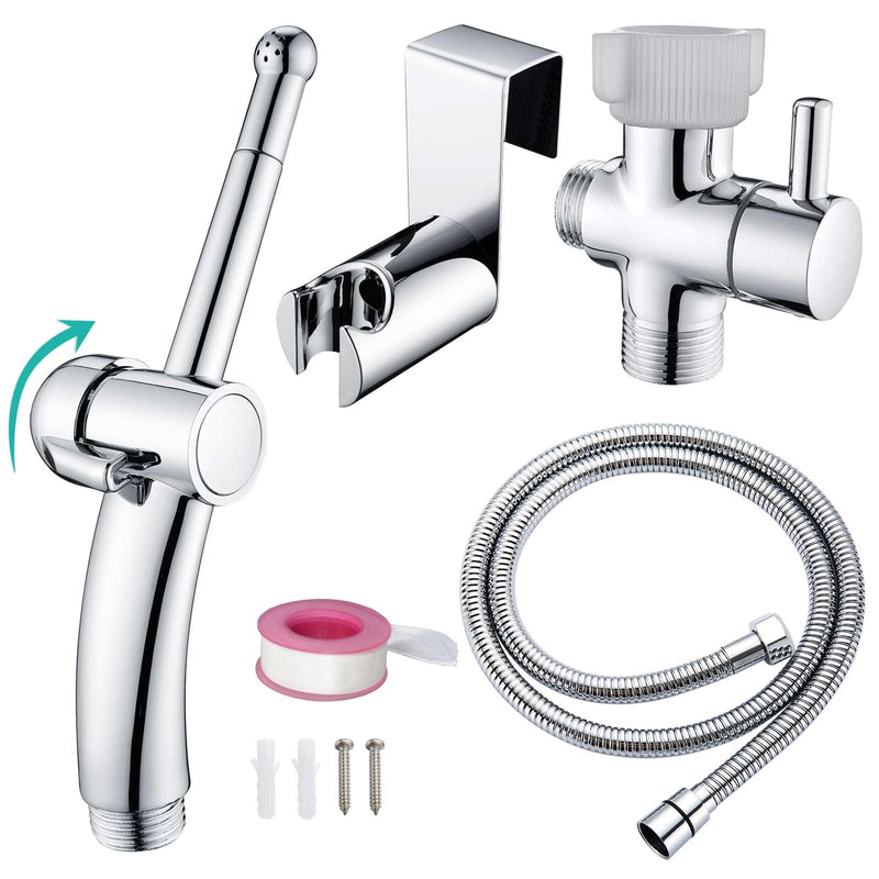 BARROCK Handheld Bidet Sprayer Combo Set for Toilet, Portable Bathroom Bidet Seat Attachment, 2 Way Installation Hang or Wall-Mount Shattaf Kit for Women with Brass T-Valve Explosion-Proof Hose Chrome