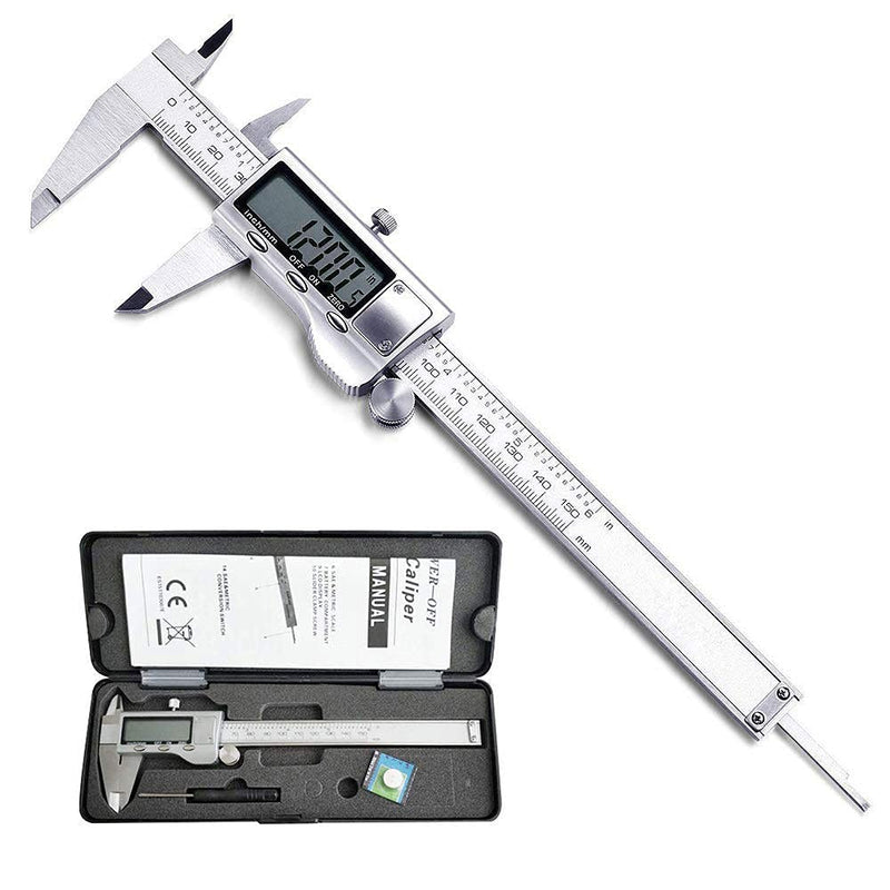 Digital Caliper, Caliper Measuring Tool with Stainless Steel, Electronic Micrometer Caliper with Large LCD Screen, Auto-Off Feature, Inch and Millimeter Conversion (6 Inch/150 mm) silver Digital Caliper