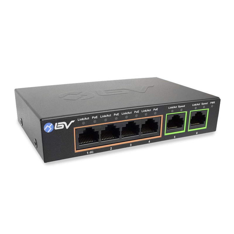 BV-Tech 6 Port PoE+ Switch 4 PoE+ Gigabit Ports with 2 Gigabit Uplink – 60W – 802.3at + 1 High PowerPort | Desktop Fanless Design | Sturdy Metal Housing Gigabit-2 Uplinks