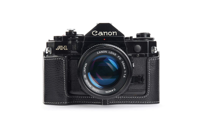 A-1 Case, BolinUS Handmade Genuine Real Leather Half Camera Case Bag Cover for Canon New AE-1 AE-1P A-1 (with Handle) Camera with Hand Strap (Black) Black