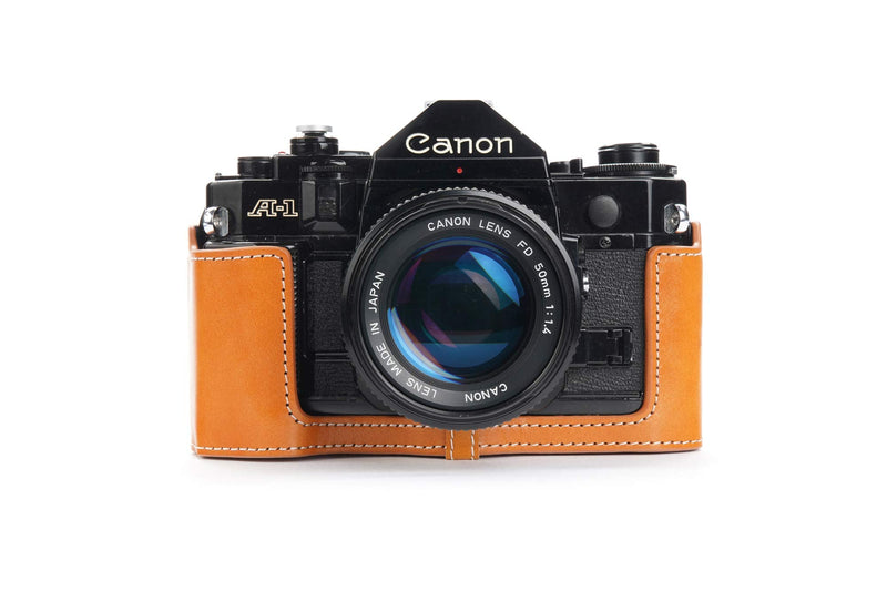 A-1 Case, BolinUS Handmade Genuine Real Leather Half Camera Case Bag Cover for Canon New AE-1 AE-1P A-1 (with Handle) Camera with Hand Strap (Yellow) Yellow