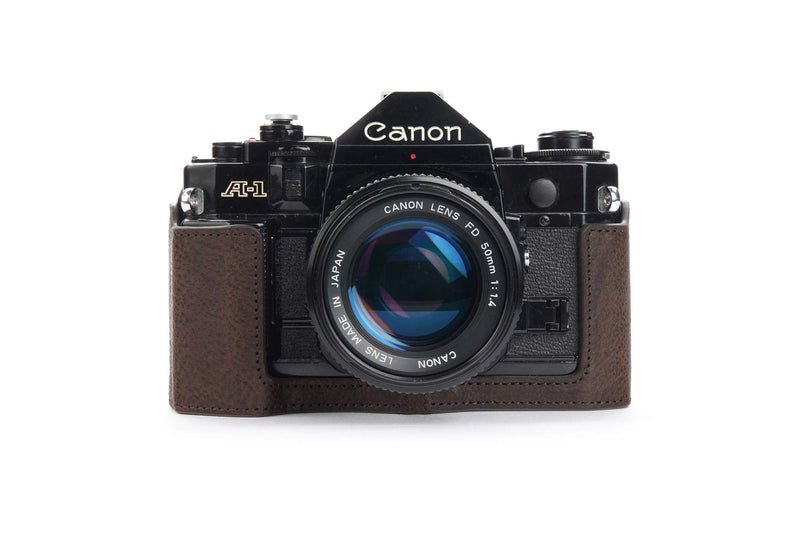 A-1 Case, BolinUS Handmade Genuine Real Leather Half Camera Case Bag Cover for Canon New AE-1 AE-1P A-1 (with Handle) Camera with Hand Strap (Coffee) Coffee