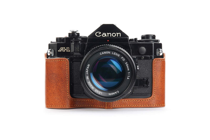 A-1 Case, BolinUS Handmade Genuine Real Leather Half Camera Case Bag Cover for Canon New AE-1 AE-1P A-1 (with Handle) Camera with Hand Strap (LavaBrown) LavaBrown