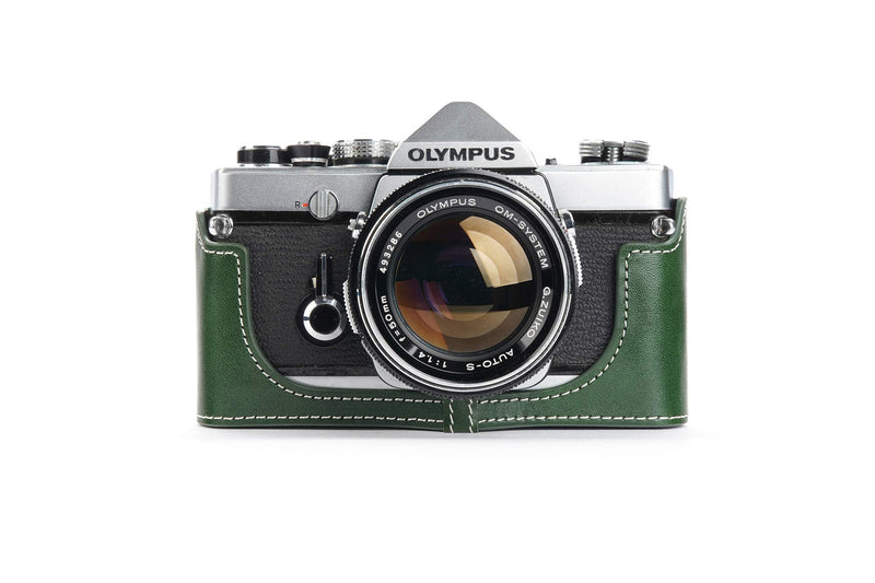 OM-4 Case, BolinUS Handmade Genuine Real Leather Half Camera Case Bag Cover for Olympus OM-1 /1N OM-2/2N OM-3/3Ti OM-4/4Ti (No Handle) Camera with Hand Strap (Green) Green