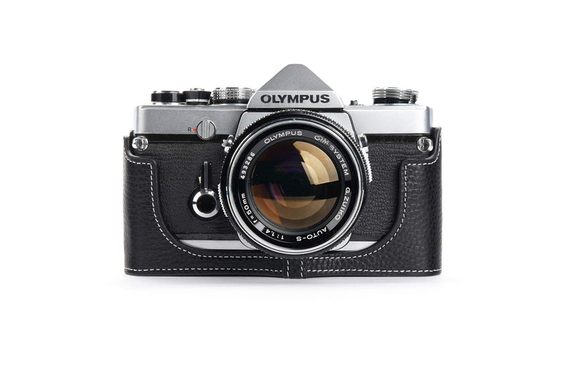 OM-4 Case, BolinUS Handmade Genuine Real Leather Half Camera Case Bag Cover for Olympus OM-1 /1N OM-2/2N OM-3/3Ti OM-4/4Ti (No Handle) Camera with Hand Strap (Black) Black