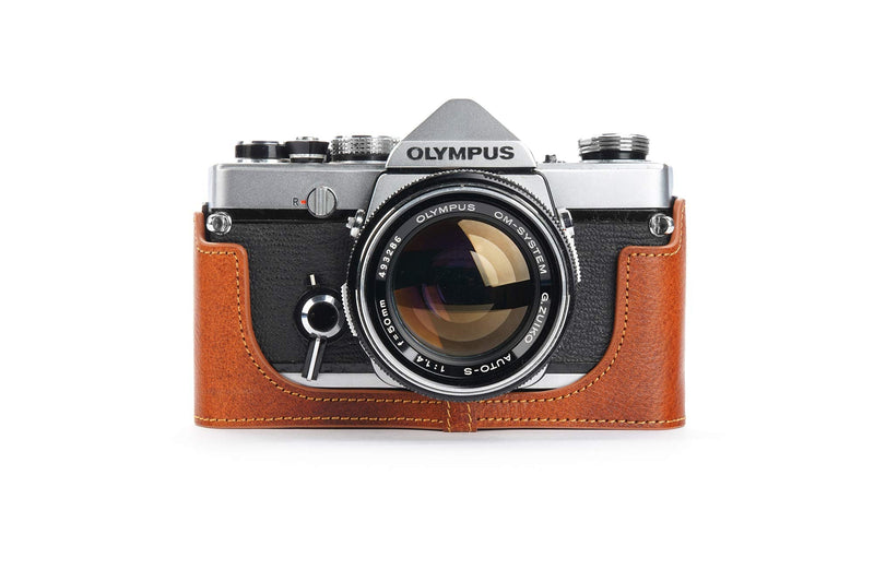 OM-4 Case, BolinUS Handmade Genuine Real Leather Half Camera Case Bag Cover for Olympus OM-1 /1N OM-2/2N OM-3/3Ti OM-4/4Ti (No Handle) Camera with Hand Strap (LavaBrown) LavaBrown