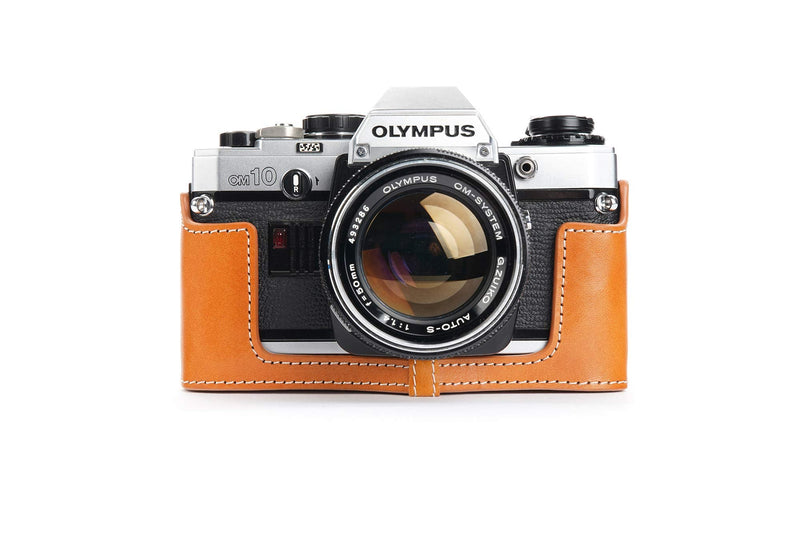 OM30 Case, BolinUS Handmade Genuine Real Leather Half Camera Case Bag Cover for Olympus OM10/30(with Handle) OM20(No Handle) Camera with Hand Strap (Yellow) Yellow