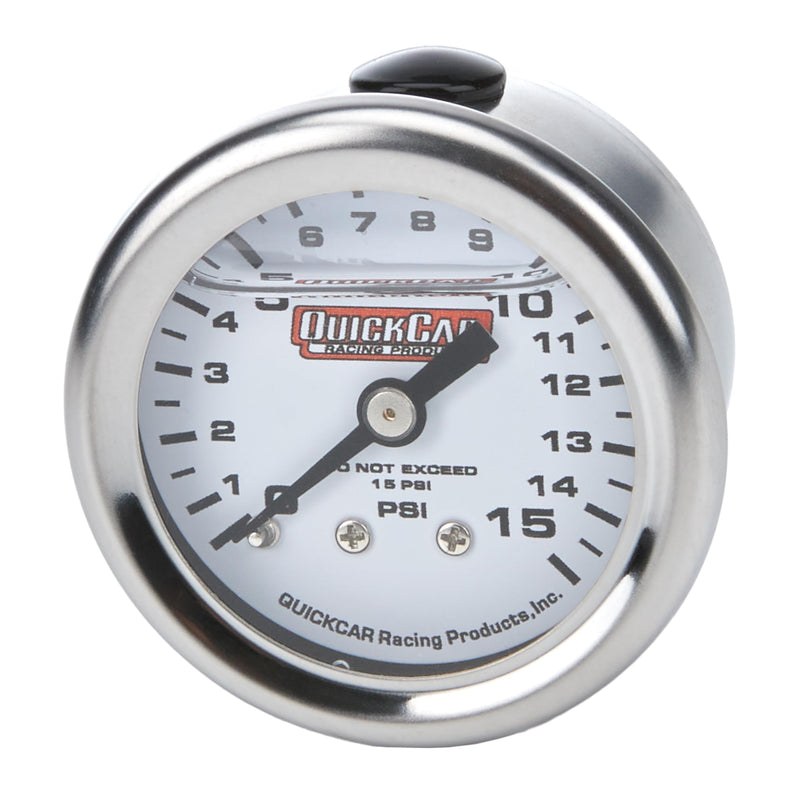 QUICKCAR RACING PRODUCTS Fuel Pressure Gauge, Mini, 0-15 psi, Mechanical, Analog, Liquid Filled, 1-1/2 in Diameter, White Face, Each