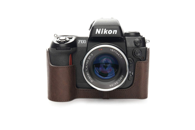 Nikon F100 Case, BolinUS Handmade Genuine Real Leather Half Camera Case Bag Cover for Nikon F100 Camera with Hand Strap (Coffee) Coffee