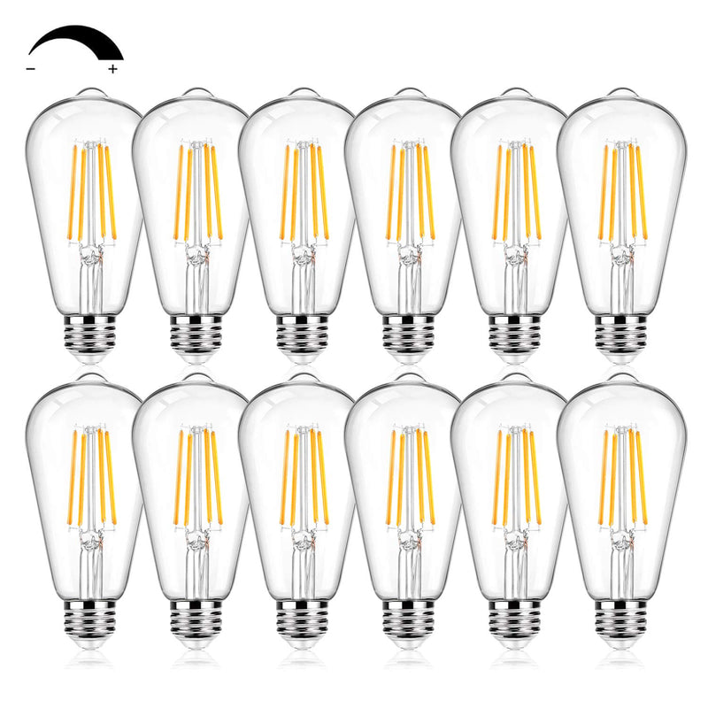 12Packs ST64 Large Vintage LED Edison Bulbs, 60W Equivalent 7W, 800Lumens, Dimmable Antique LED Filament, 2700K Warm White, E26 Medium Base Light Bulbs High Brightness Clear Glass for Bedroom Office Soft Warm White