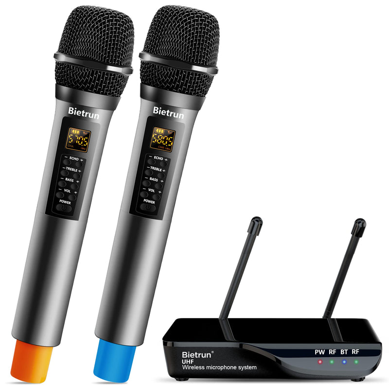 Bietrun Wireless Microphone with Echo/Treble/Bass, UHF 160ft Range, Dual UHF Cordless Dynamic Mic Handheld Microphone System for Home Karaoke, Meeting, Party, Wedding(Receiver with Bluetooth) 2-channel wireless microphone system with echo