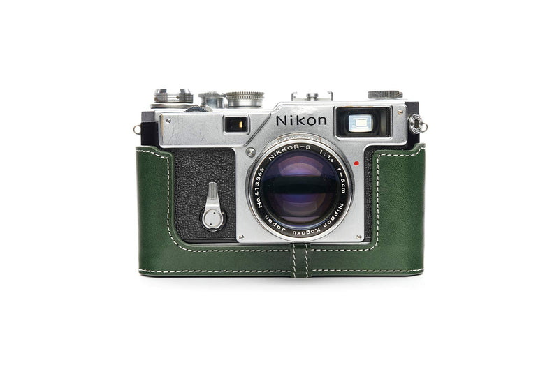 S3 Film Camera Case, Handmade Genuine Real Leather Half Camera Case Bag Cover for Nikon S3 Film Camera With Hand Strap (Green) Green