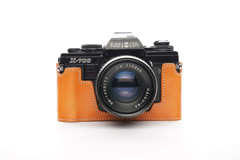 Minolta X-700 Case, BolinUS Handmade Genuine Real Leather Half Camera Case Bag Cover for Minolta X-700 with Hand Strap (Yellow) Yellow