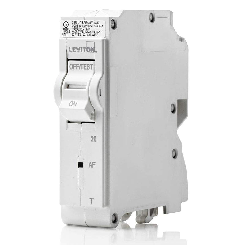 Leviton LB120-AFT 20A 1-Pole Plug-On AFCI Branch Circuit Breaker, Thermal Magnetic, 120V, White 1-Pole 20-Amp
