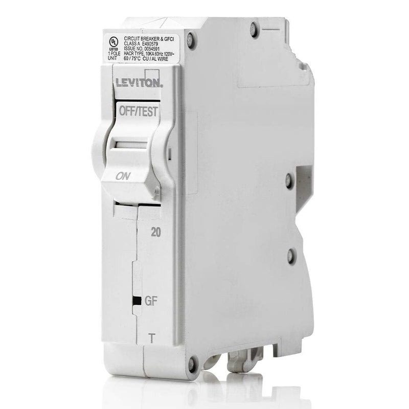 Leviton LB120-GFT 20A 1-Pole Plug-On GFCI Branch Circuit Breaker, Thermal Magnetic, 120 VAC, White 1-Pole 20-Amp