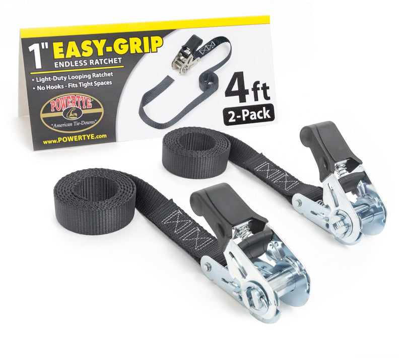 PowerTye - Endless Ratchet Strap - Easy Grip (Hookless), Black Tie Down Strap w/ 400 lb. Working Load Limit / 1,200 lb. Break Strength, Ideal for Motorcycle, ATV, Bike, & Coolers, 1in x 4ft, 2-Pack 1in x 4ft Easy Grip