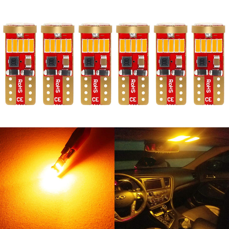 PHINLION 194 Amber Yellow LED Bulbs Super Bright Miniature 168 12961 12396 T10 WY5W Wedge Replacement for Interior Dome Map Parking Side Marker Mirror Turn Signal Lights, Pack of 6