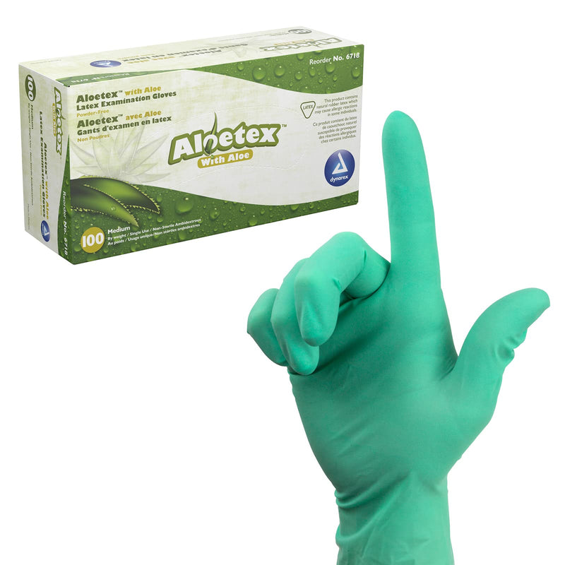 Dynarex Aloetex Latex Aloe Disposable Exam Gloves, Powder Free, Aloe Vera Gloves for Dry Hands, Green Latex Gloves, Green, 1 Box of 100 Gloves (Medium) Medium