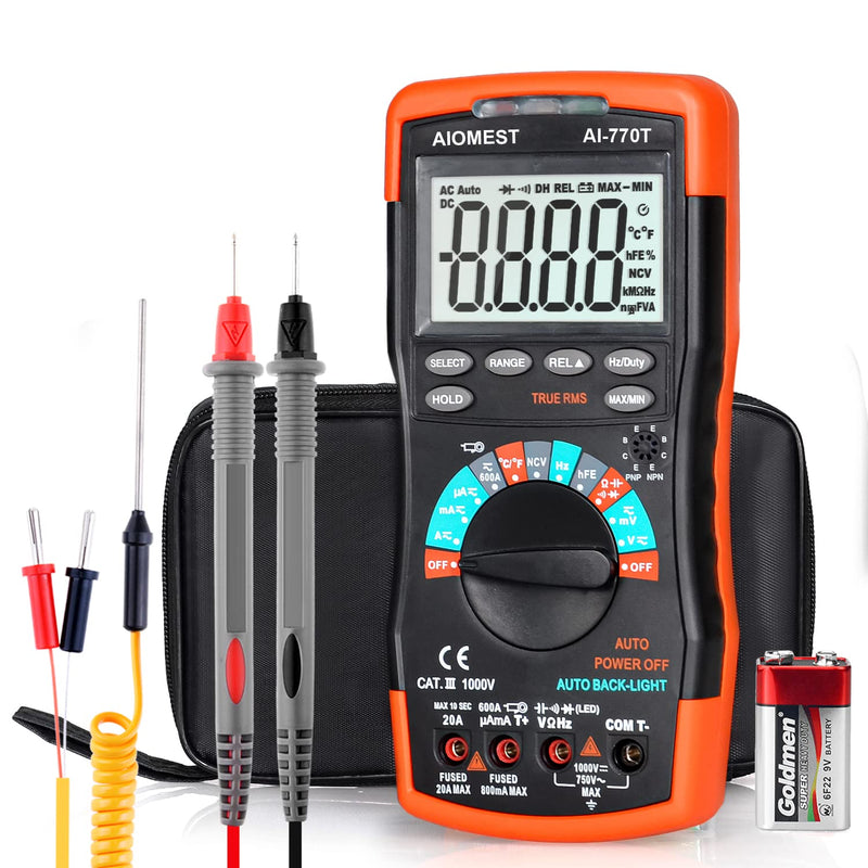 AIOMEST AN-770T Digital Multimeter Auto-Ranging 6000 Counts Multimeter, Voltage/Current/Resistance Meter, Measures Capacitor Temperature and Diode, TRMS DMM with Data Hold, NCV and Backlight Auto-ranging AI-770T