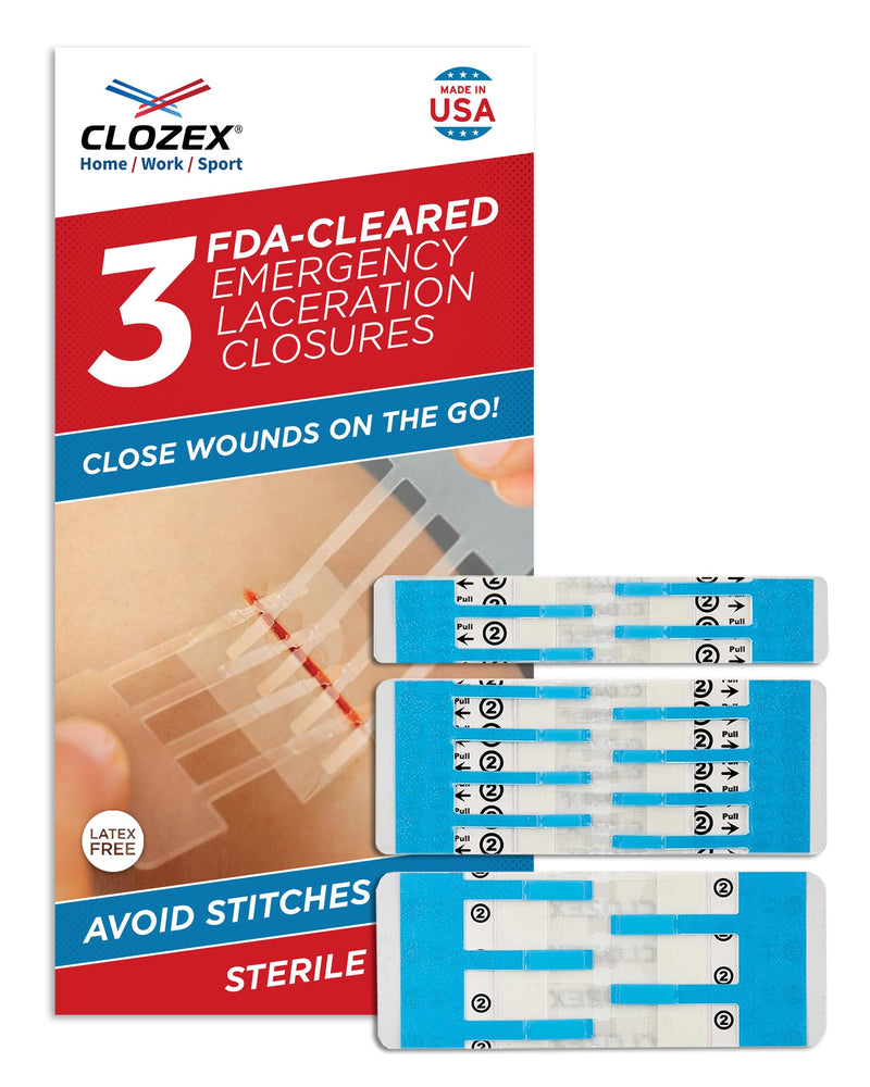Clozex Emergency Laceration Closures - Repair Wounds Without Stitches, Skin Closure Device for 3 Individual Wounds Or Combine for Total Length of 4 1/4 Inches 3 Closures- 3/4", 1 1/2", 2"