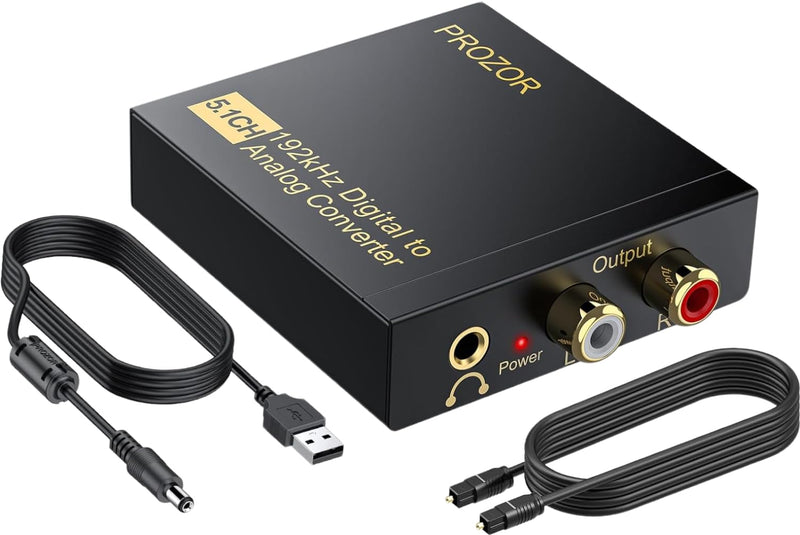 PROZOR 192Khz Digital to Analog Audio Converter Support 5.1CH Optical to RCA Converter with Magnetic Ring Power Cord Digital Toslink SPDIF to Analog L/R RCA 3.5mm Adapter for HDTV Blu-Ray DVD PS3 PS4 5.1CH Dolby Digital & DTS Decoder - Aluminum Alloy