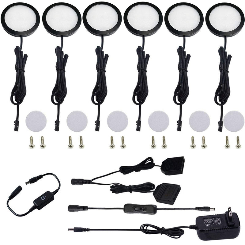AIBOO Under Cabinet LED Black Cover Puck Lighting Kit with Touch Dimmer Switch for Kitchen Cupboard Closet Lighting (6 Lights,Warm White) 2700K Warm White