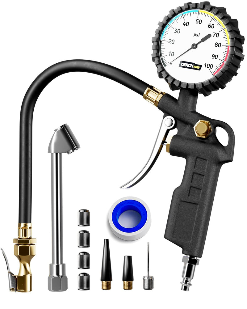 Tire Inflator with Pressure Gauge – Large Glow Dial, Swivel Air Chuck with Gauge and Air Compressor Accessories – 100 PSI Analog Pro Set
