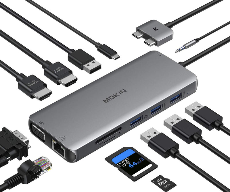 MacBook Pro Docking Station Dual Monitor HDMI Adapter,12 in 1 USB C Adapters for MacBook Pro Air Mac HDMI Dock Dongle Dual USB C to DualHDMI VGA Ethernet AUX 4USB SD/TF100W PD