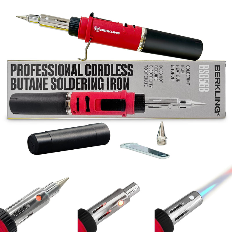 Berkling BSG-568 Portable Butane Cordless Soldering Iron, 3-in-1 Soldering, Jewelry & Heat Shrink Torch, Mini Cordless Heat Gun, Self-Igniting, Adjustable Flame, Up to 90-Min Runtime