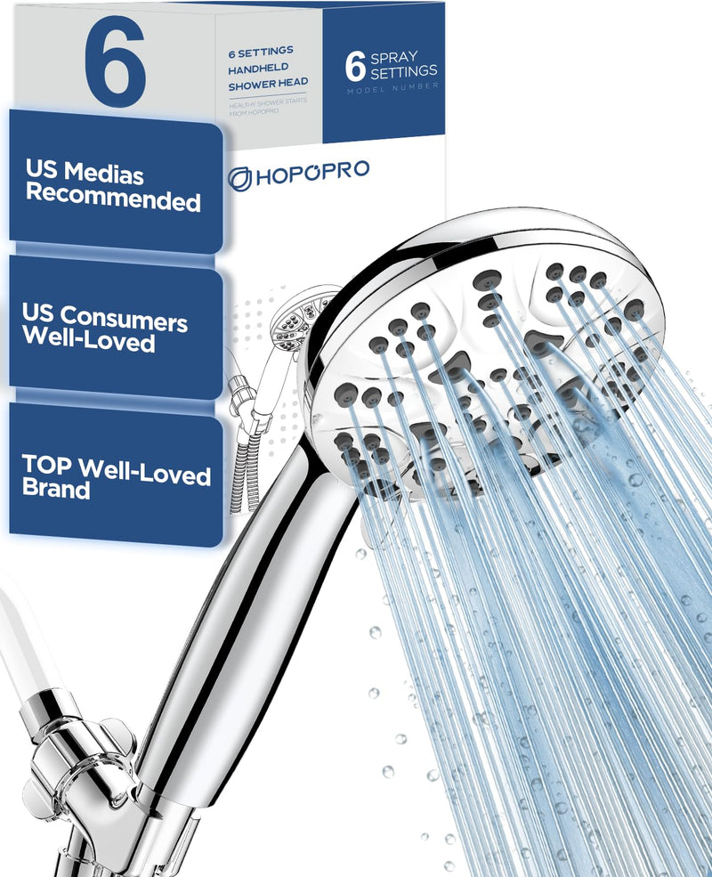 6-Mode High Pressure Handheld Shower Head Set, Consumer Reports Recommended HOPOPRO High Flow Hand Held Showerhead with 59 Inch Hose Bracket Teflon Tape Rubber Washers 6 Modes Luxury Chrome