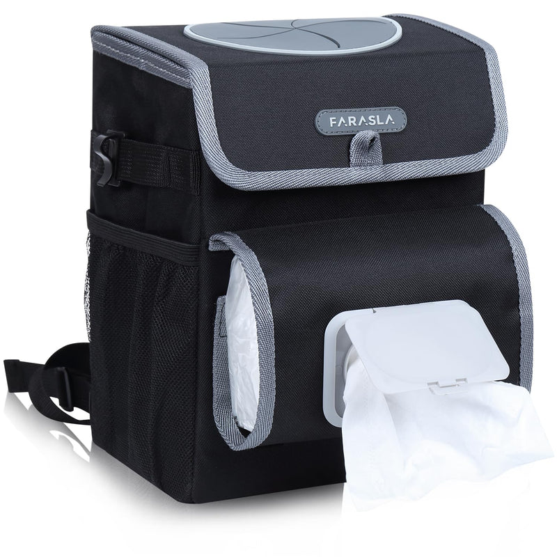 Farasla All-in-One Car Trash Can, Garbage Bag for Car with Removable Leakproof Interior Liner, Adjustable Tissue Holder & Straps(Black) Black-deluxe