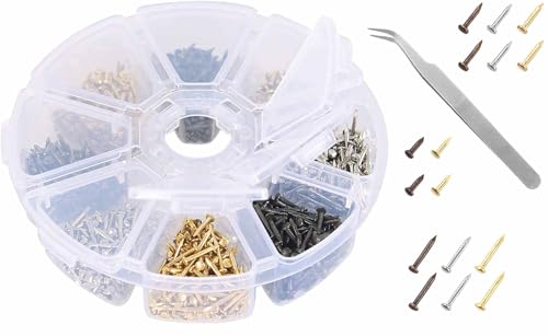 Small Tiny Wooden Nails for DIY Craft Projects, Antique Repairing Nails, Mini Boxes Decorative Accessories, 1/2inch 1/3inch 1/4inch, 1600pcs Gold/Silver/Bronze Hardware Nails Bronze/Gold/Silver