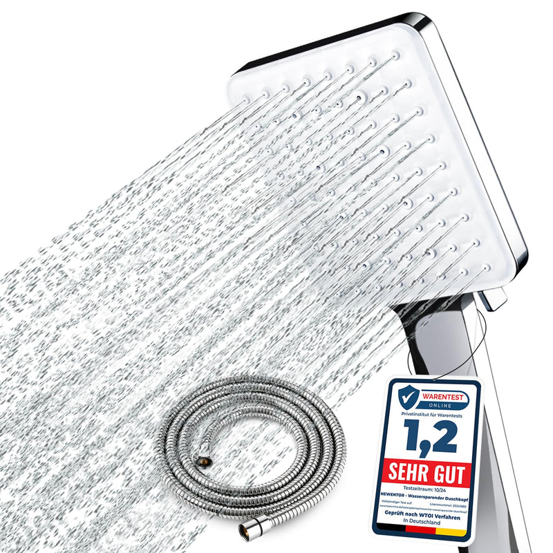 Newentor® Handheld High Pressure 6 Spray Modes/Settings Detachable Chrome Finish Square Shower Head with Stainless Steel Hose and Multi-Angle Adjustable Shower Stand