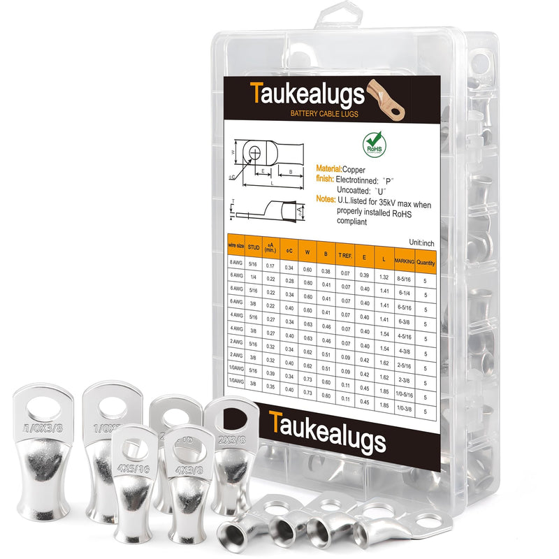 Battery Cable Ends Terminal Connectors Wire Copper Lugs Assortment Kit AWG 8 6 4 2 1/0 Gauge 5/16 3/8 Tinned Crimp Marine Ring Eyelets-10 Sizes 50PCS AWG8~1/0 Tinned copper
