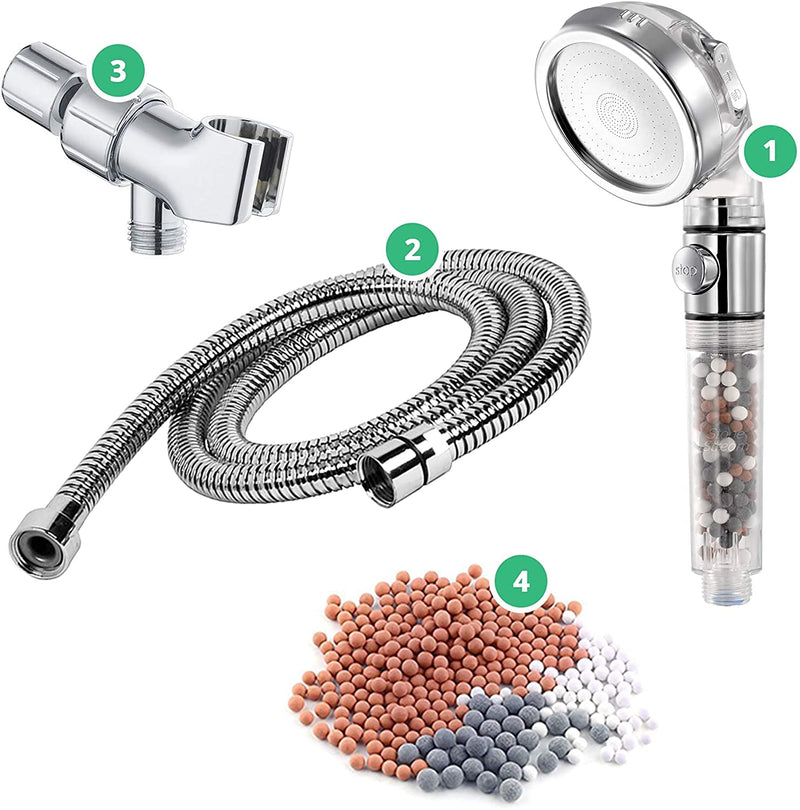 Original StoneStream EcoPower High Pressure Handheld Shower Head with ON OFF switch- 3 Spray Settings with Hose, Wall Adapter and Replacement Beads 4-in-1 Shower Head Kit