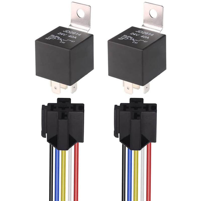 2pcs JD2914 Car Relay Harness 24V 40A 4 Pin SPDT 12AWG Harness Sockets with Built-in Diode for Automotive Truck Van Motorcycle Boat 5pin-24V-2pcs