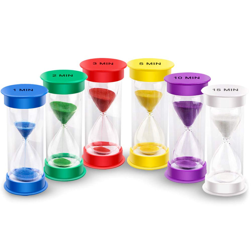 EMDMAK Sand Timer, Acrylic Hourglass Colorful Sandglass Timer 1 min/2 mins/3 mins/5 mins/10 mins/15 mins Sand Clock Timer for Games Classroom Home Office(Pack of 6) Small