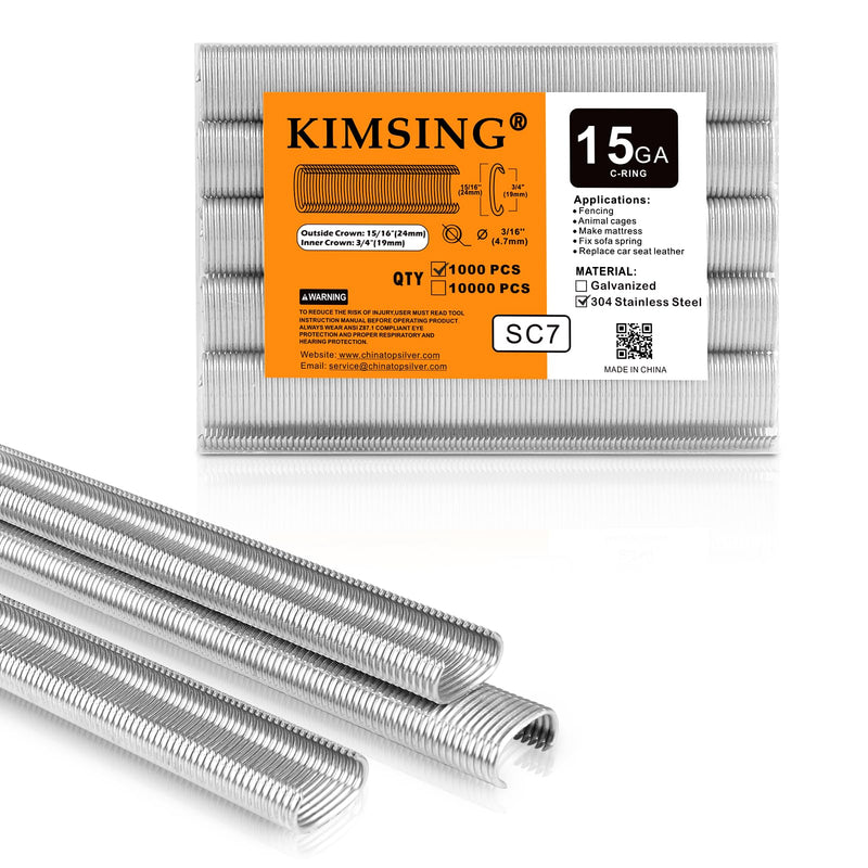 KIMSING SC7 15 Gauge 3/4'' Crown Stainless Steel C Ring Staples C-Rings Hog Rings, Wire Fencing Staples, Fasteners for Hog Ring Tool, C Ring Plier, 1000 PCS/Pack