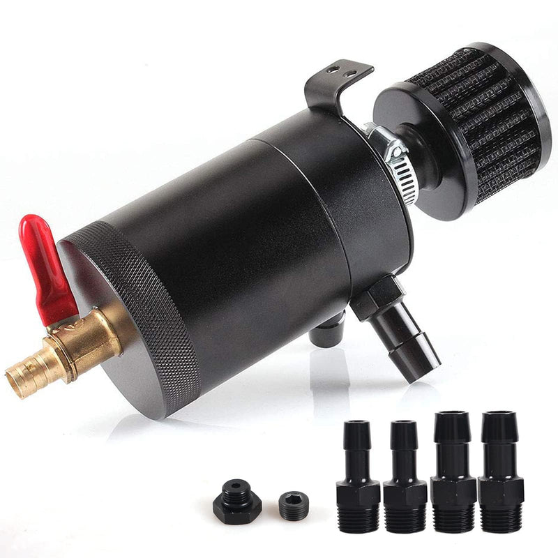 Oil Catch Can Kit with 4 Adapters + Breather Filter Drain Valve Plug 2 Ports (1 oulet + 1 inlet) 150ml Universal Aluminum Baffled Oil Reservoir Tank Oil Separator HTRACING black
