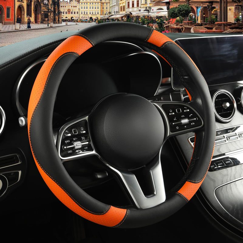  [AUSTRALIA] - Leather Steering Wheel Cover, Breathable, Anti Slip & Odor Free, Black and Orange Black Orange Round-Middle[14.5''-15'']