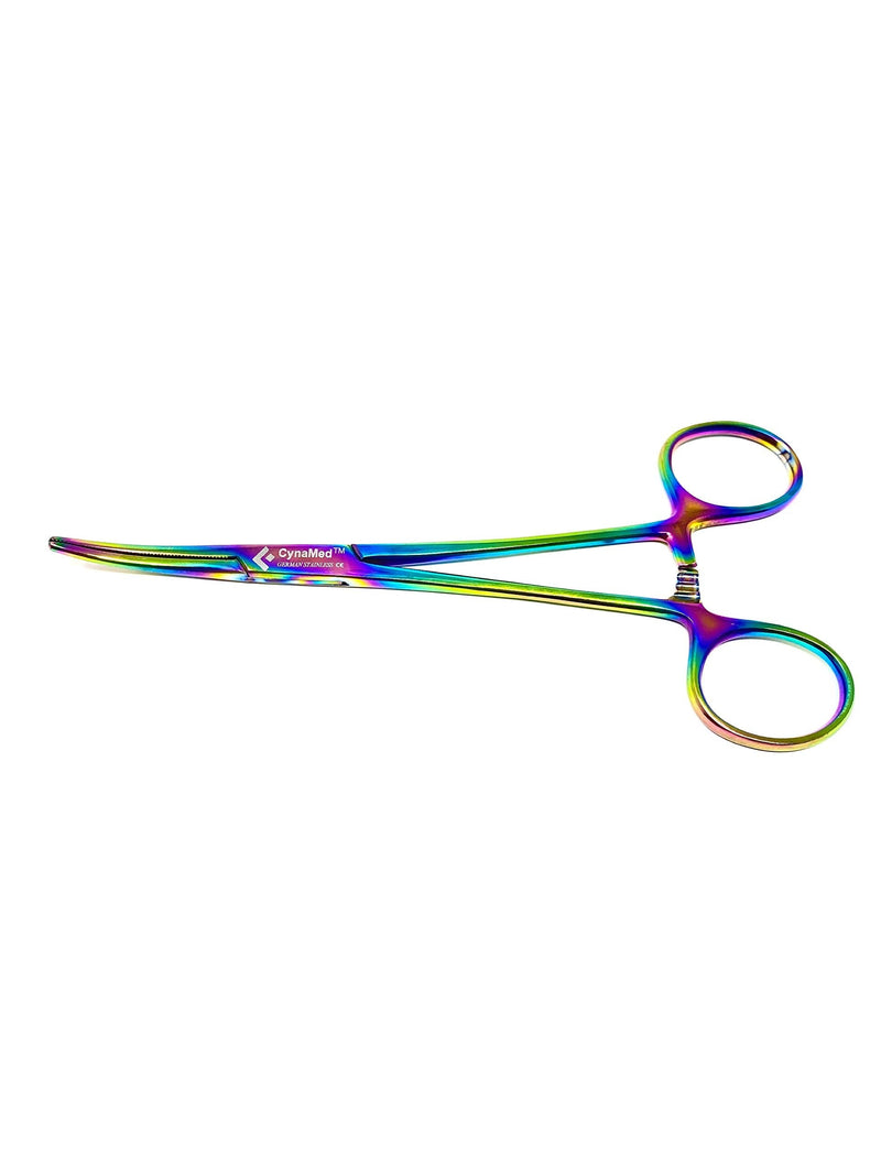 Cynamed Artzone Multi Color Hemostat Forceps with Serrated Jaws, Stainless Steel Rainbow Pliers 6.25 in. Curved