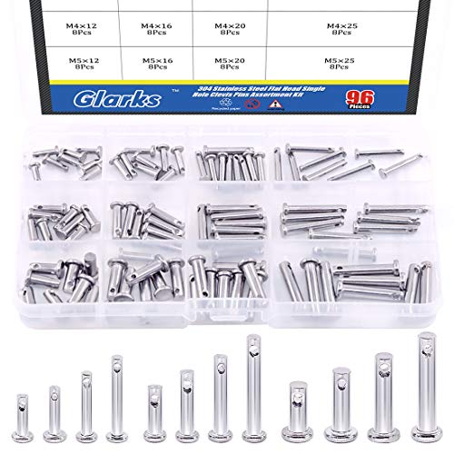 Glarks 96Pcs 12 Sizes 304 Stainless Steel Flat Head Single Hole Clevis Pins Assortment Kit