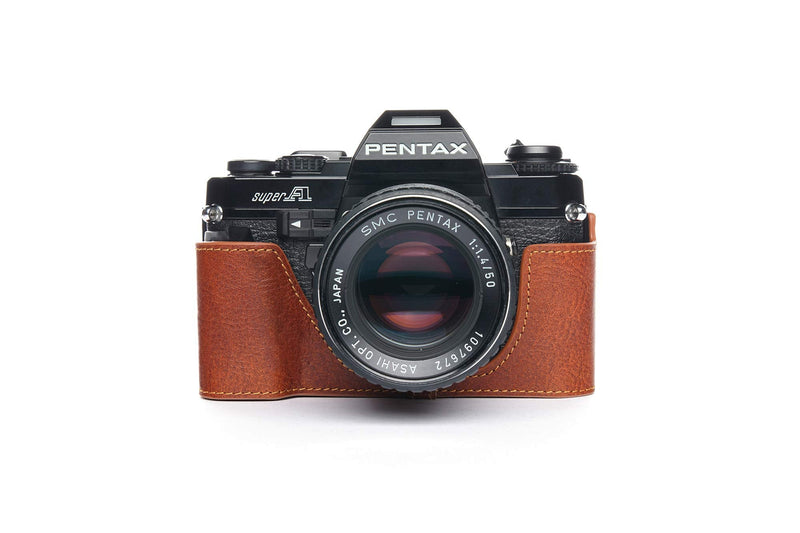 Pentax Super A Case, BolinUS Handmade Genuine Real Leather Half Camera Case Bag Cover for Pentax Super A Camera with Hand Strap (LavaBrown) LavaBrown