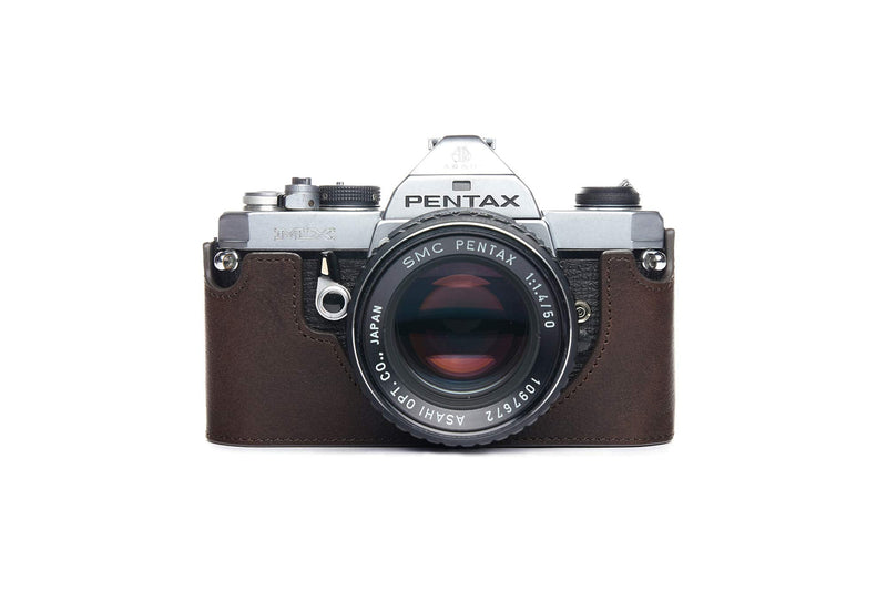 Pentax MX ME Case, BolinUS Handmade Genuine Real Leather Half Camera Case Bag Cover for Pentax MX ME Camera with Hand Strap (Coffee) Coffee