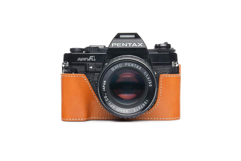 Pentax Super A Case, BolinUS Handmade Genuine Real Leather Half Camera Case Bag Cover for Pentax Super A Camera with Hand Strap (Yellow) Yellow