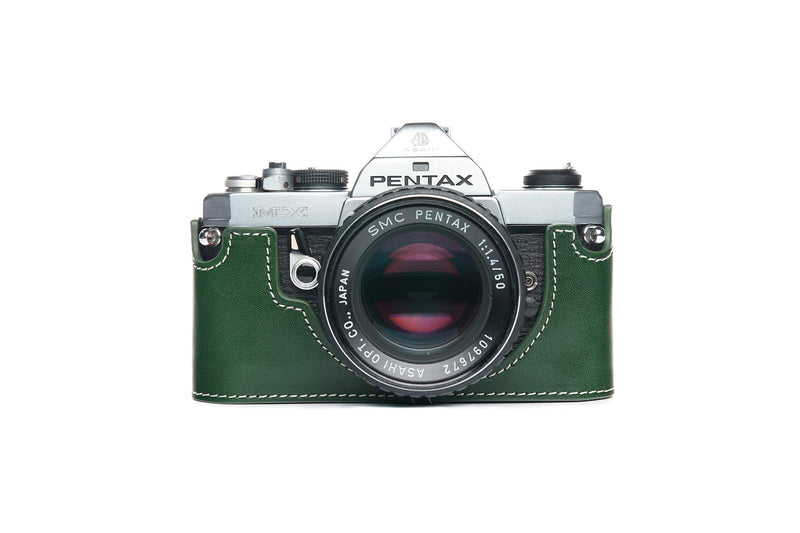 Pentax MX ME Case, BolinUS Handmade Genuine Real Leather Half Camera Case Bag Cover for Pentax MX ME Camera with Hand Strap (Green) Green