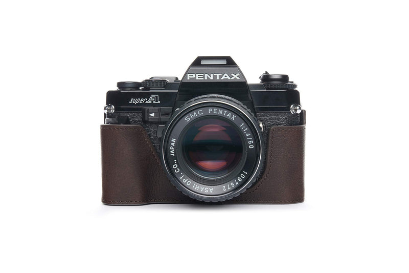 Pentax Super A Case, BolinUS Handmade Genuine Real Leather Half Camera Case Bag Cover for Pentax Super A Camera with Hand Strap (Coffee) Coffee