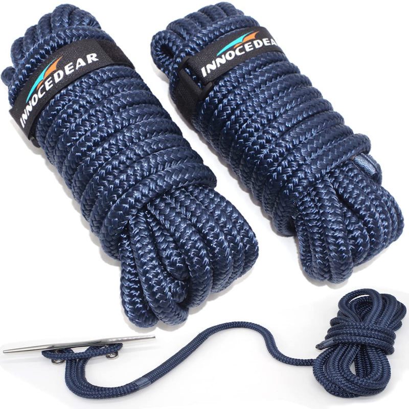 2 Pack Premium Navy Blue Dock Lines - 15' / 25'/35' with Eyelet.Double Braided Nylon Dock Line/ 3/8" x 15 FT