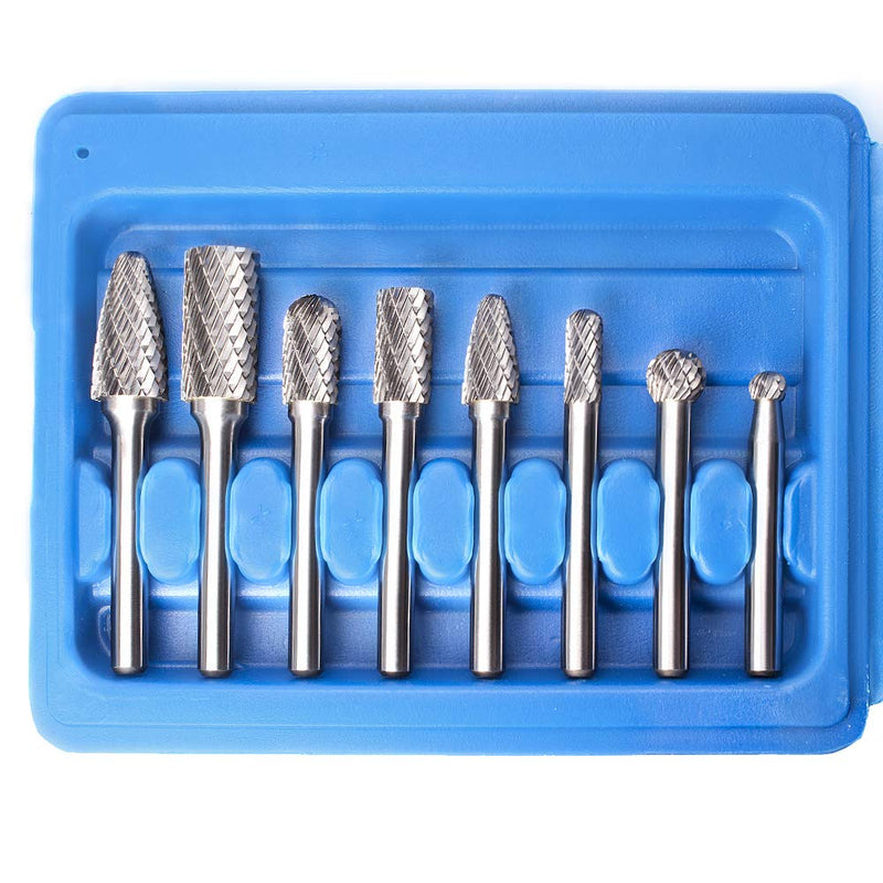 TJATSE Professional 8-Piece Double Cut Carbide Rotary Burr Set 1/4" Shank with Tool Carry Case, for Die Grinder Drill, Metal Wood Carving, Engraving, Polishing, Drilling
